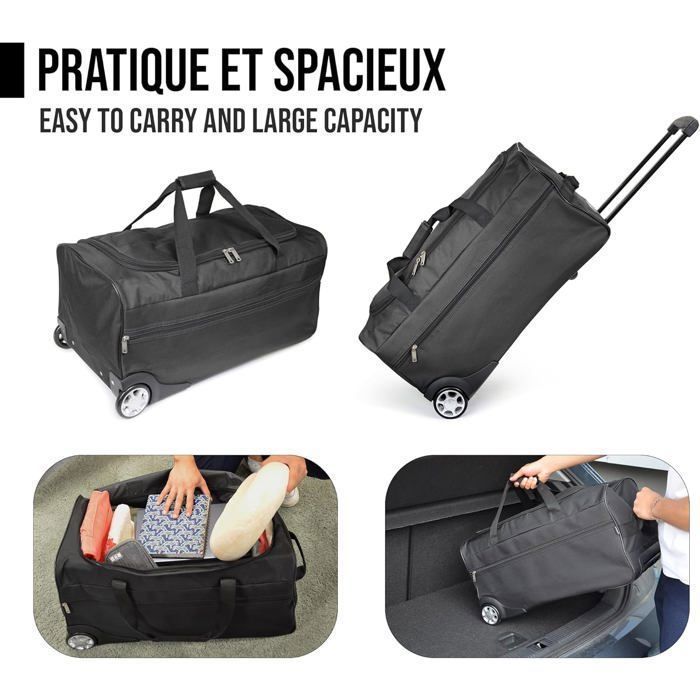 Sac de Voyage Trolley Noir - Grand sac à roulettes, canne télescopique, compartiment spacieux, poche zippée, idéal week-end