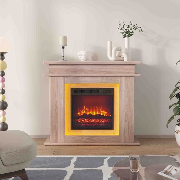 Chimenea eléctrica con repisa de roble de 101 cm - AMBIANCE - Llama 3D y LED de colores - Calefacción suplementaria - Brillo ajustable