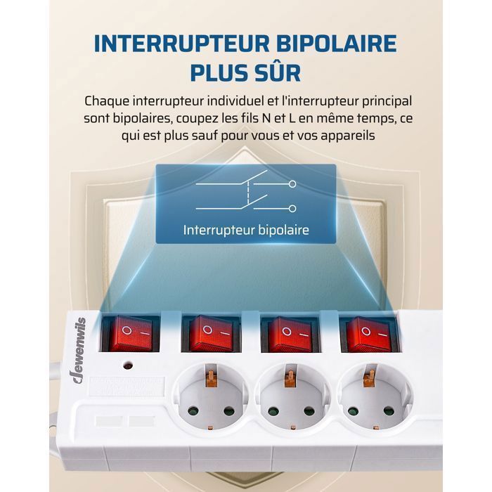 DEWENWILS Multiprise parafoudre 16A - 6 Prises avec 7 Interrupteurs - Câble 2M - Blanc - 3680W max.