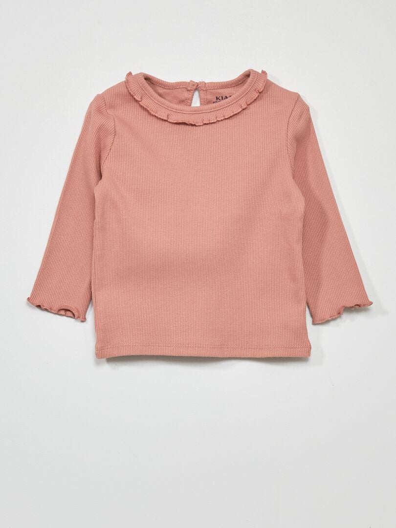 Camiseta de punto acanalado con cuello de volantes - ROSA