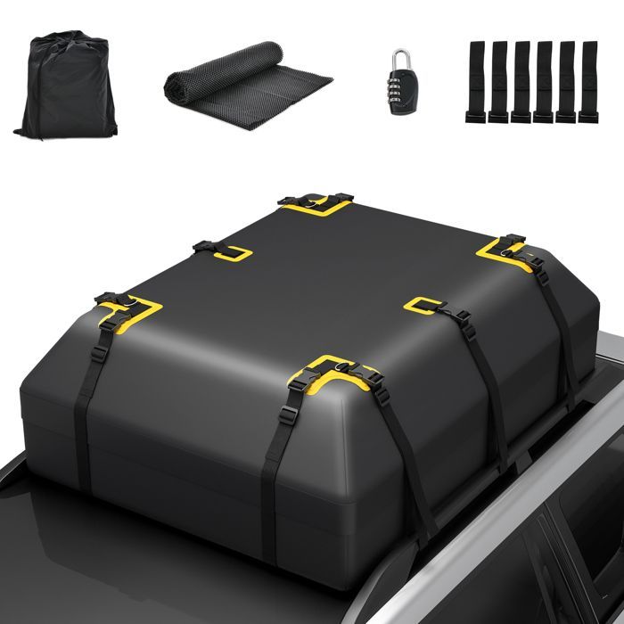 Cofre de techo para coche GYMAX de 600 litros, impermeable, plegable, con 10 correas reforzadas y 6 ganchos para la puerta.