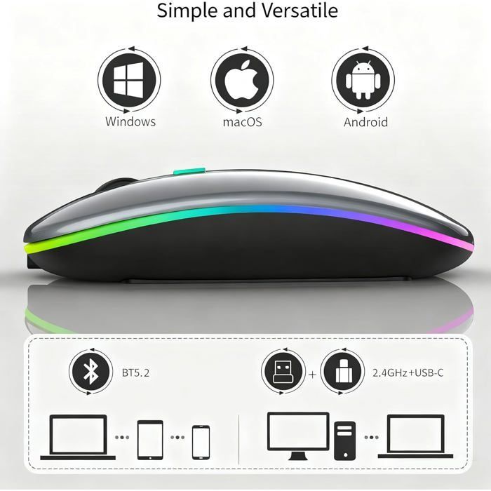 Ratón óptico inalámbrico KAL - Ratón inalámbrico USB de 2,4 GHz con Bluetooth, seguimiento óptico de 1600 DPI, modo dual, recargable, para PC/Mac/iPad