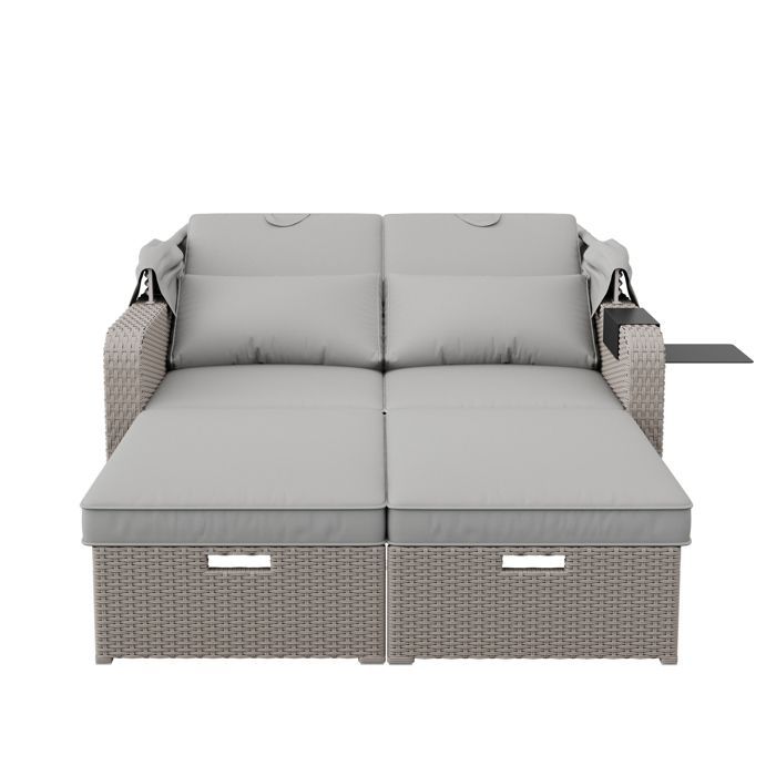 Set di mobili da giardino allungabile - Divano lounge in rattan PE con tettuccio regolabile - Struttura in acciaio - Tortora