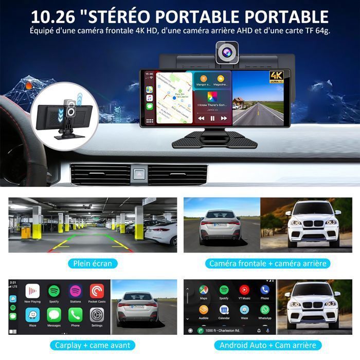 Pantalla inalámbrica CarPlay - CarPlay y Android Auto - Radio Bluetooth para coche - Cámara de salpicadero delantera y trasera 4K+1080P de 10,26'' y 64 GB
