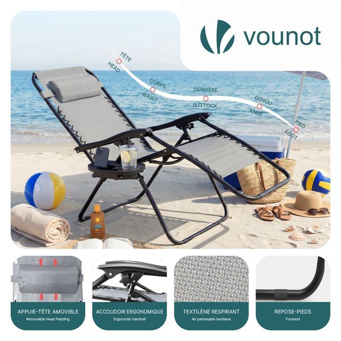 Tumbona reclinable plegable VOUNOT® de Textilene con portavasos - Carga máxima 120 kg - Gris