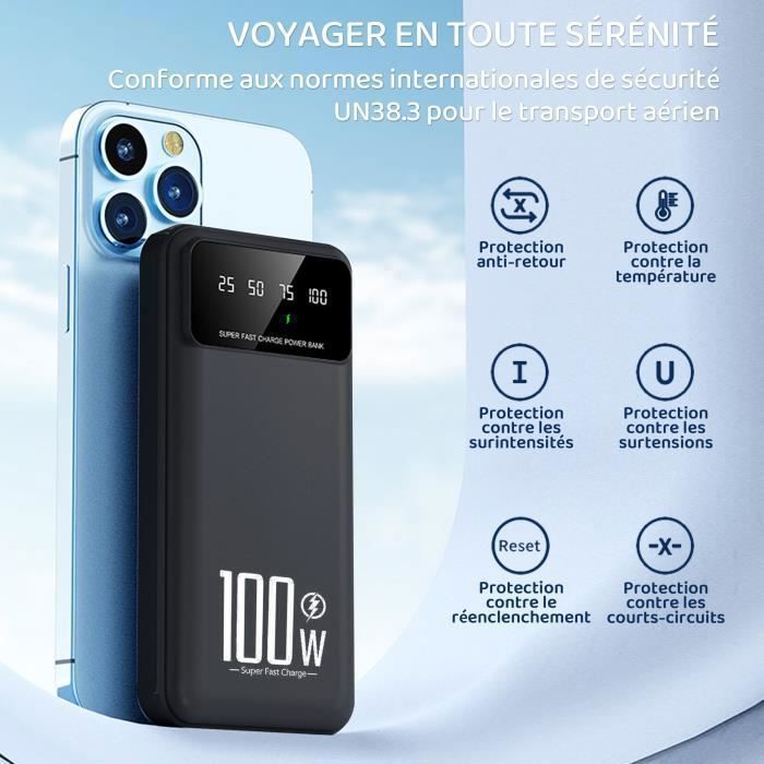 Batteria esterna portatile da 20000 mAh, ricarica rapida da 22,5 W, 4 porte, con display a LED e torcia, per smartphone e tablet - Nera