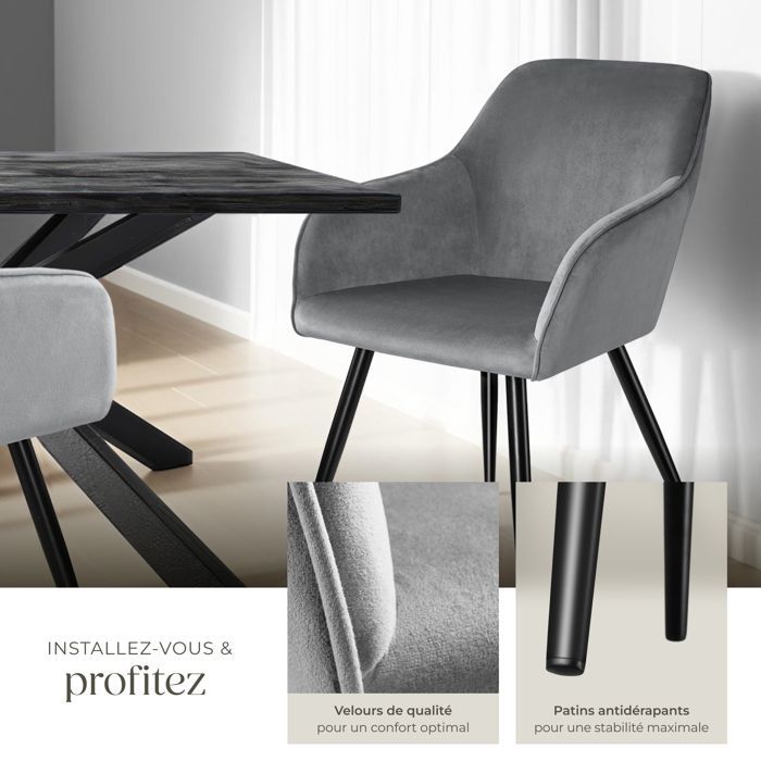 Sedia - TECTAKE - Sedia da pranzo MARYLIN in velluto con gambe in acciaio nero - Grigio/Nero