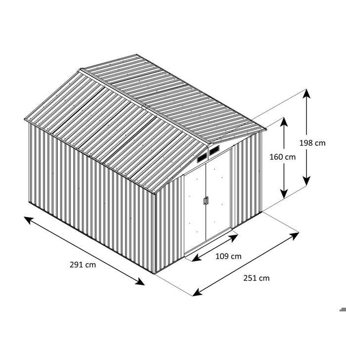 Casinha de jardim metálica de 7,30 m² + kit de ancoragem