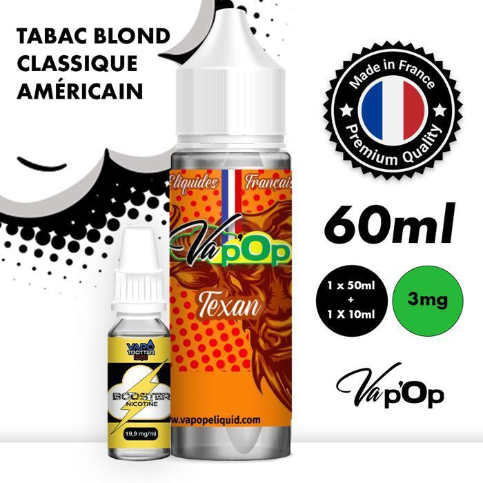E-liquide Cigarette électronique - TEXAN -TABAC BLOND CLASSIQUE AMÉRICAIN NOTE ÉPICÉE - 50MPGV/50VG - 3mg/ml - 60ml