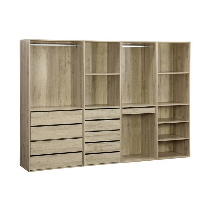 Kit de guarda-roupa modular com 4 elementos. Acabamento natural. Painéis laminados.