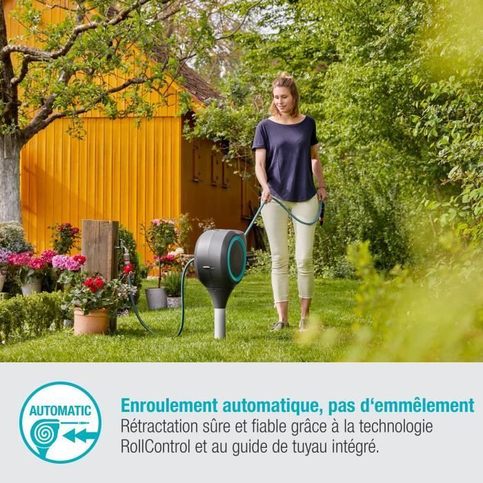 Enrollador de manguera automático con estaca, RollUp S 15 m - GARDENA - Acabado azul - Rebobinado automático de la manguera