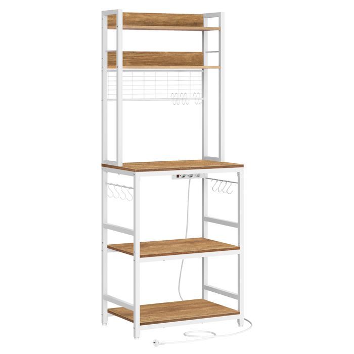 Carrito de cocina con regleta, 40 x 60 x 170 cm, color avellana claro y blanco.