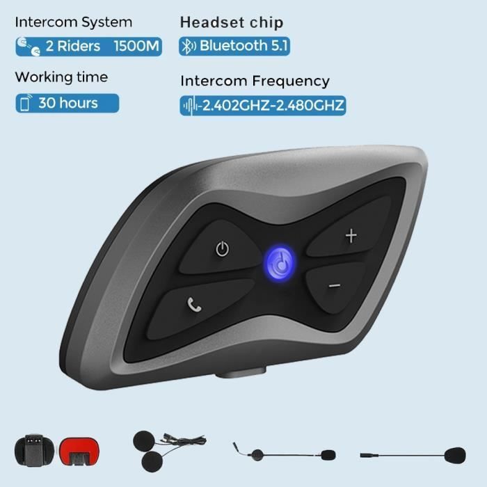 Intercomunicador Bluetooth para motocicleta - Kit de intercomunicador inalámbrico para casco de motocicleta - Resistente al agua hasta 1500 m (IP65) - Control de llamadas