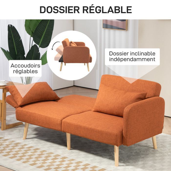 Dreisitzer-Schlafsofa mit Klick-Klack-Mechanismus, verstellbarer Rückenlehne und verstellbaren Armlehnen, brauner Stoff in Leinenoptik