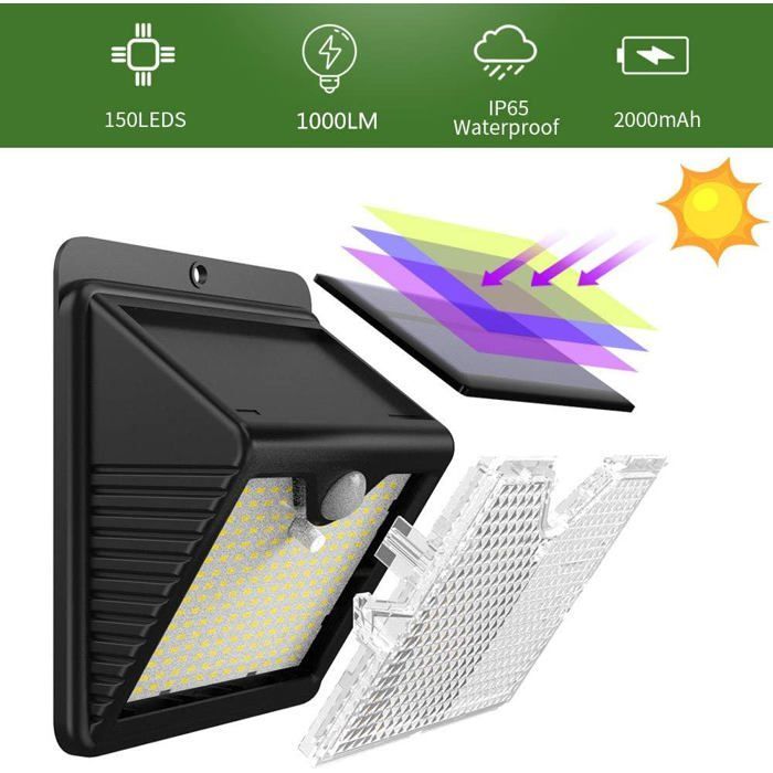 Luminária solar externa [pacote com 6 unidades de 150 LEDs - 1000 lúmens] Iluminação solar à prova d'água com sensor de movimento