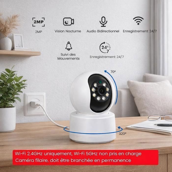 Caméra de Surveillance, WiFi Intérieure 2MP – Vision Nocturne, Détection de Personne, Suivi Automatique et Alerte Instantanée