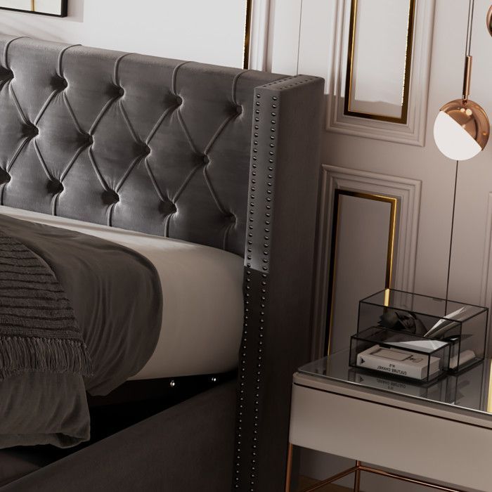 Letto contenitore - TKOPY - Letto matrimoniale per adulti 180x200 cm, letto imbottito con rete a doghe e vano contenitore, velluto grigio