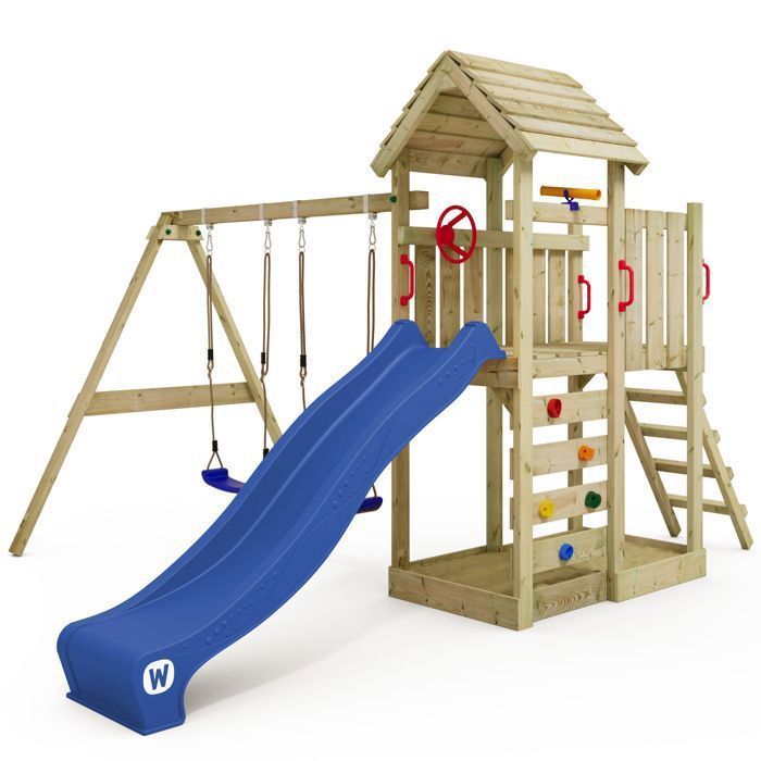 Zona de juegos de madera WICKEY MultiFlyer con techo de madera, columpio doble y tobogán de 220 cm, azul – 10 años de garantía*