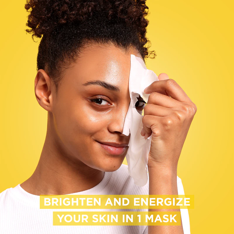 Máscara facial em tecido Garnier Skin Naturals com vitamina C para clareamento e hidratação.