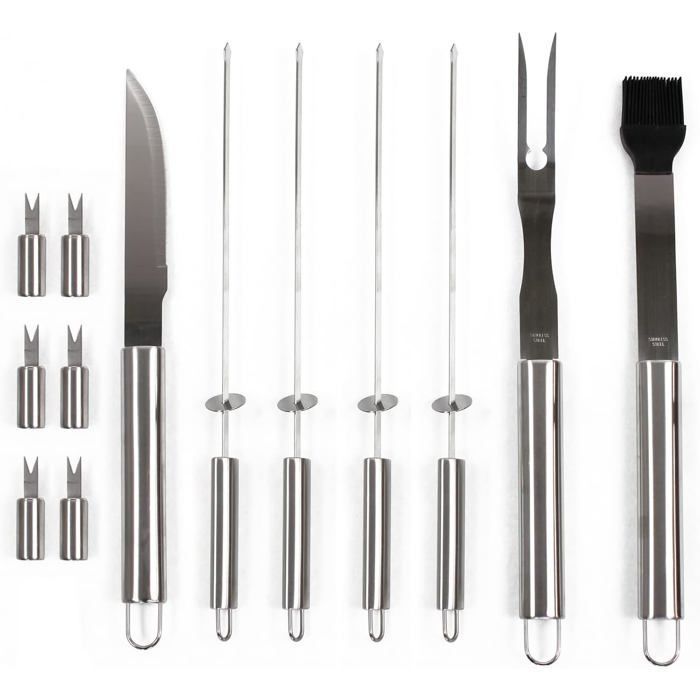 Kit de accesorios profesionales de acero para barbacoa con estuche de transporte, kit de accesorios para barbacoa con pinzas, tenedores, espátula y