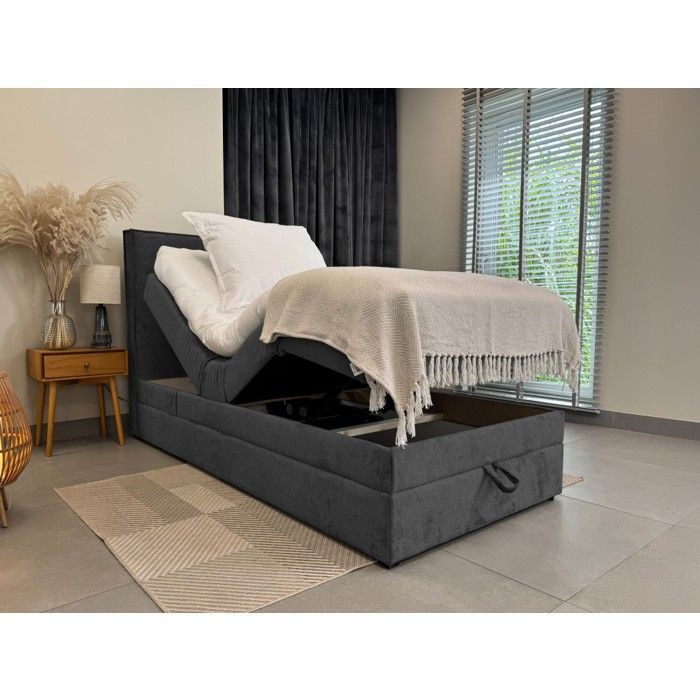 Lit adulte 120x200 SORRENTO - ensemble relaxation électrique avec matelas ressorts ensachés, rangement et surmatelas en gris foncé