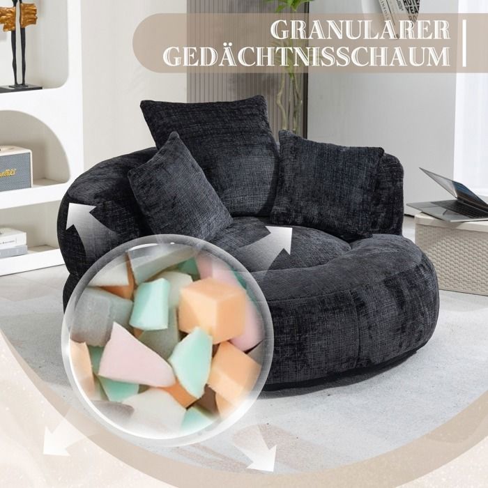 LEMONBEST Poltrona a sacco a 2 posti in ciniglia nera, 108×108×52 cm con 3 cuscini - Poltrona relax