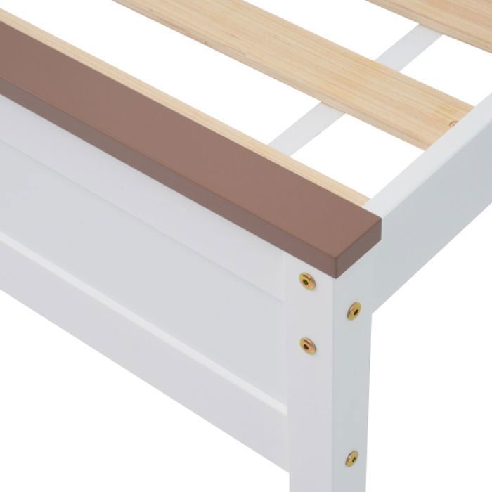 Cama individual de 90x200 cm, cama de adulto con cabecero, estilo blanco con bloques de color, estructura con pata central, MDF