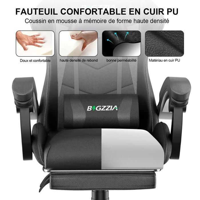 Chaise de gaming de bureau avec repose-pieds ergonomique, pivotant à 90 °, avec coussin lombaire & appuie-tête, réglable en hauteur
