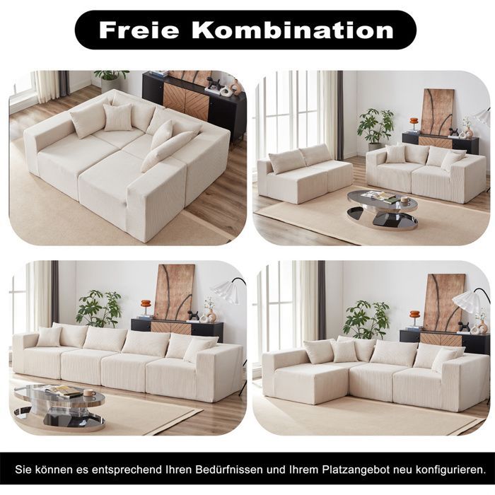 DRIPEX Canapé modulable 4 places en velours côtelé 335CM,Canapé compressé rembourré avec 4 coussins,combinaison libre,Beige