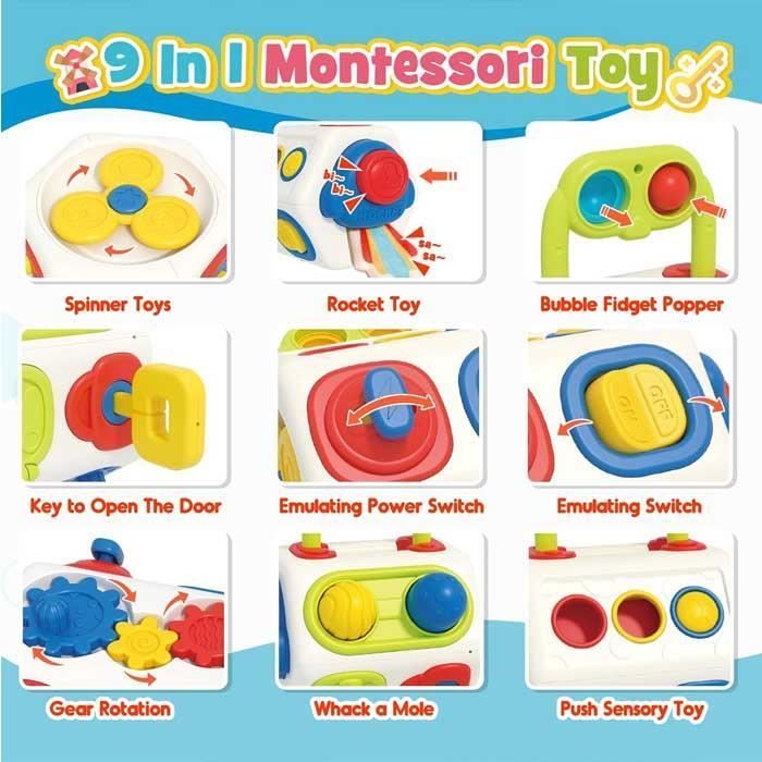 Cubo de actividades 9 en 1 para bebés, juguete para bebés de 6 a 18 meses, juegos para niños de 1 año, juguete para bebés de 1 a 2 años, regalo para bebés de 1 a 2 años, juguetes sensoriales Montessori.