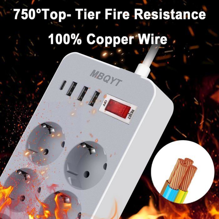 Regleta eléctrica de 6 tomas con 4 puertos USB, cargador de viaje (5V 2A/12W), protector contra sobretensiones, pararrayos y protección contra sobretensiones.