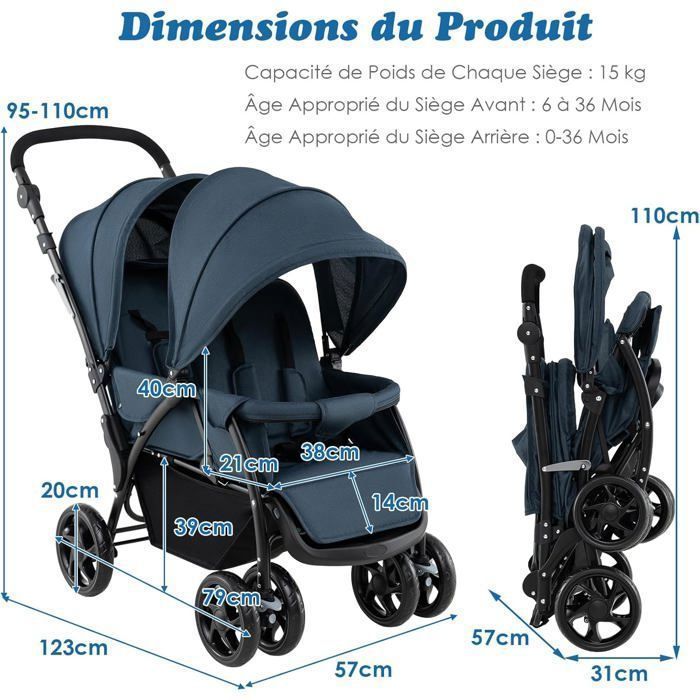 Cochecito doble plegable COSTWAY con capota ajustable, manillar, 4 ruedas con amortiguación, arnés de 5 puntos y capacidad de carga de 30 kg - Azul