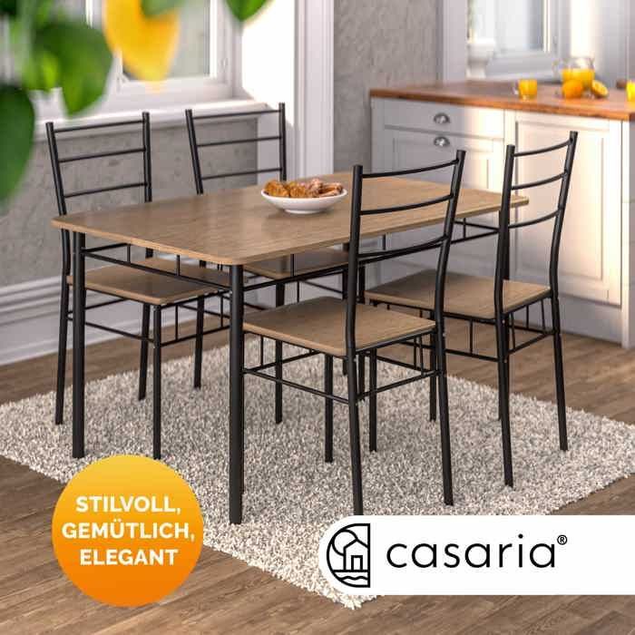 Conjunto CASARIA® LEO: Mesa con 4 sillas, MDF marrón y metal lacado, conjunto de 5 piezas para comedor y cocina.