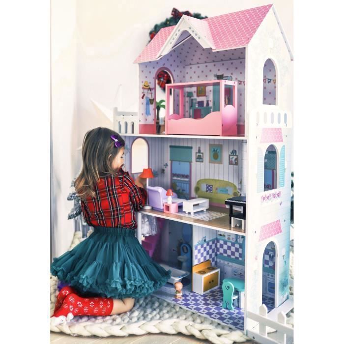 Grande casa delle bambole in legno per bambini - Mamabrum - Illuminazione a LED 123x34x114 cm, 3 piani, terrazza - Gioco di ruolo
