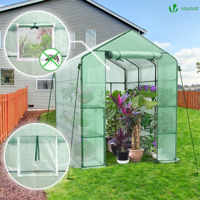 VOUNOT® Serre de jardin avec étagères 143x215x195cm vert - bâche renforcée 135g/m² - fenêtre moustiquaire - porte enroulable zippée