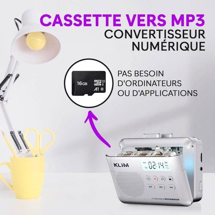Cassette Player K7 - Lecteur Cassette Audio - Convertisseur Audio en MP3 - Microphone et Haut-Parleur intégrés - Argent