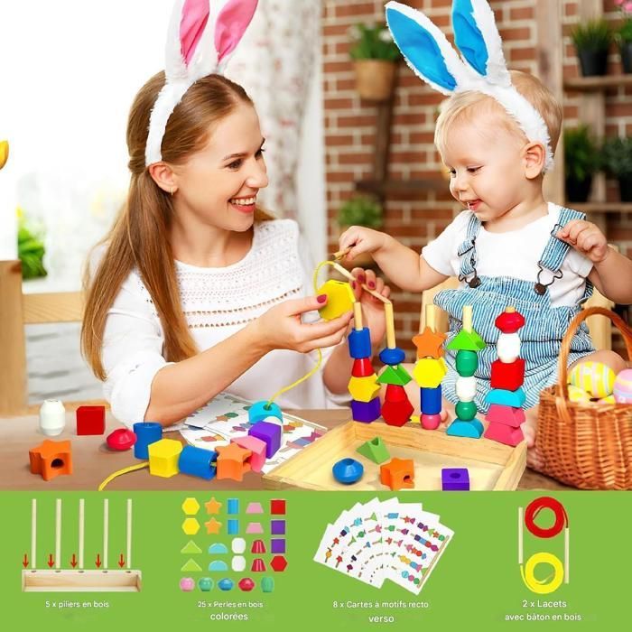 Jouet Enfant 3 Ans - 3 en 1 Jouets de Perles de Laçage en Bois - Empilable y Enfiler Jouet, Jeux Montessori 2 Ans,Jeu Educatif 2