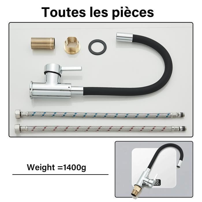 Mitigeur de Cuisine Évier Bicolore Chrome/Noir - Bec Flexible, Rotatif 360°, Robinet Multifonctionnel