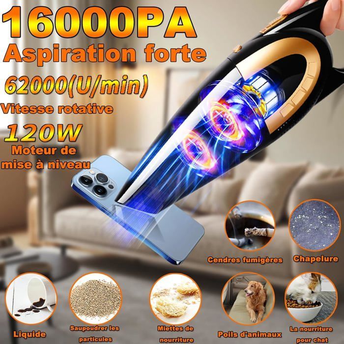 Aspiradora para coche, aspiradora de mano inalámbrica potente de 16000 PA, aspiradora de mesa con filtro de acero inoxidable, color negro.
