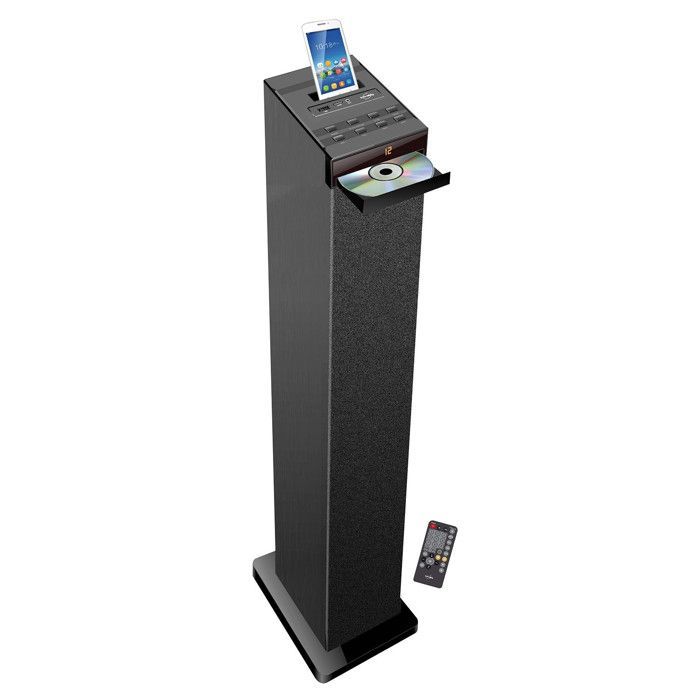 Sistema audio a torre nero con lettore CD, Bluetooth, radio FM e USB, 60W + telecomando HP32-CD