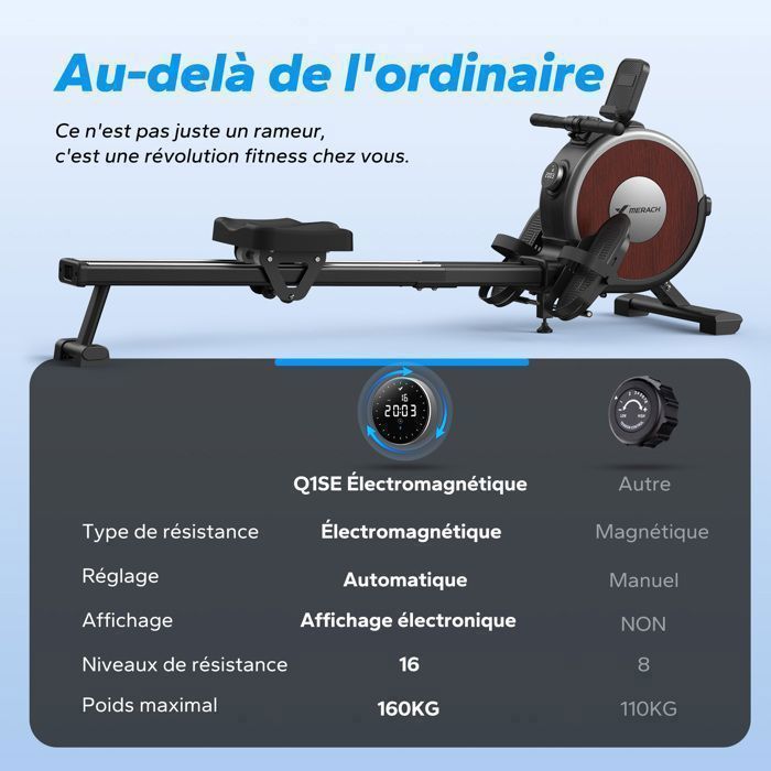 Vogatore elettromagnetico – MERACH – Supporto per tablet – Compatibile con app – 16 livelli di resistenza – Acciaio – Marrone scuro