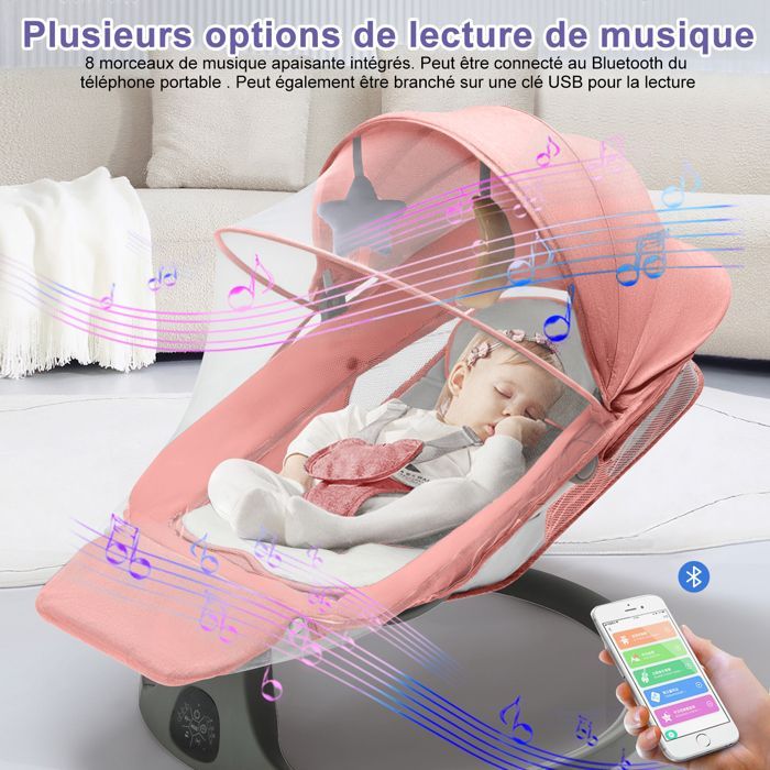 Columpio/hamaca eléctrica 3 en 1 para bebé con control remoto, pedal, mesa de alimentación, 5 modos de balanceo y música Bluetooth - Rosa