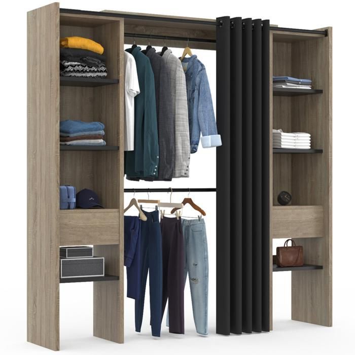 IDMARKET Dressing extensible double MERYL 120/180 x 50 x 180 cm hêtre avec étagères hêtre + double penderie + rideau noir