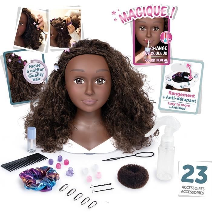 Smoby - Testa per acconciature con capelli afro - Facile da acconciare - 23 accessori realistici - Labbra termosensibili - Scomparto portaoggetti
