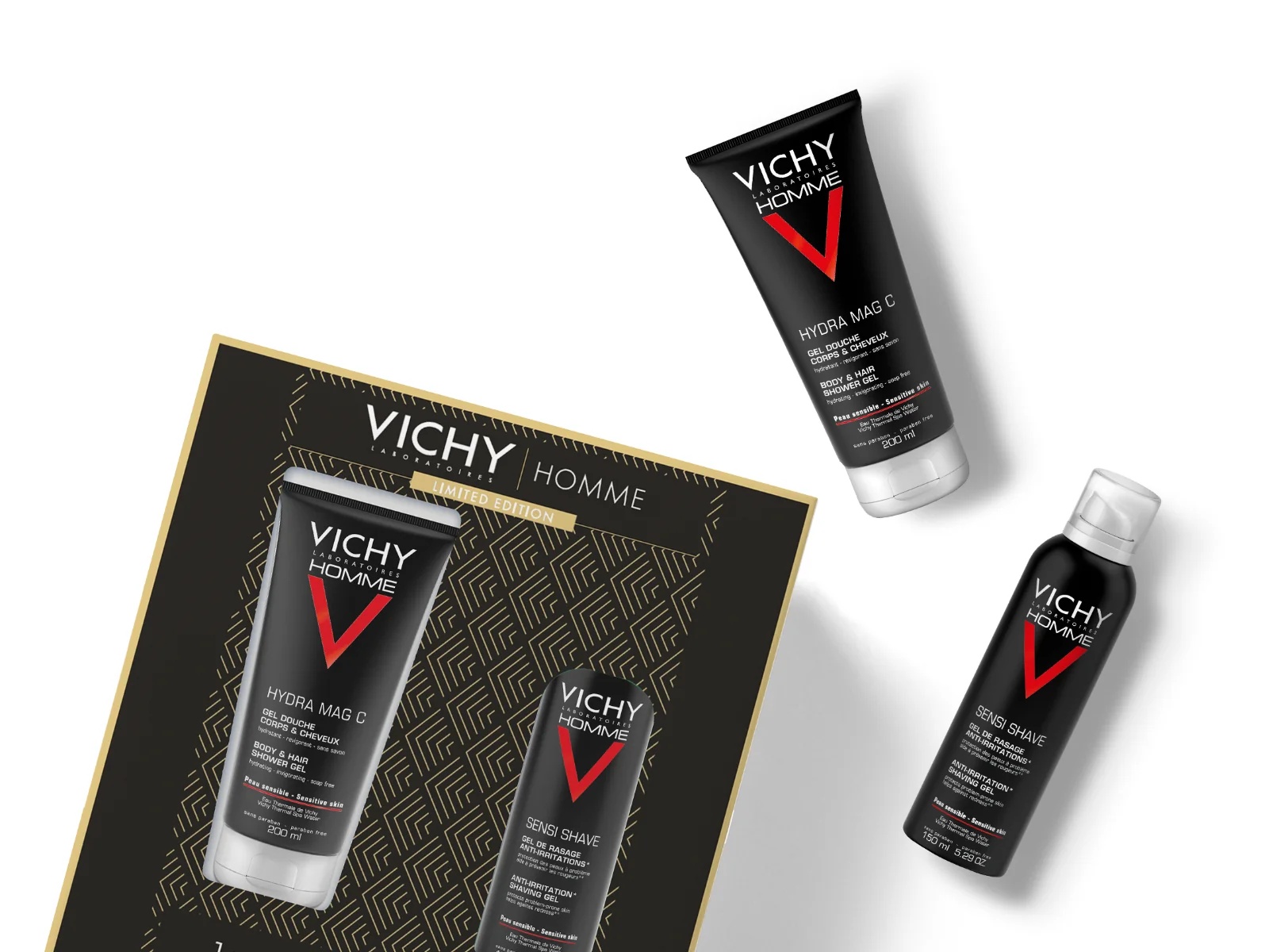 VICHY Vichy Homme Kerstcadeauset 2023 Hydra Mag C douchegel + Sensi Shave scheerschuim
