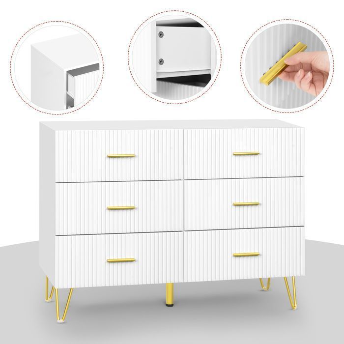 Cómoda de 6 cajones - Diseño elegante - Mueble de madera de ingeniería - Patas de metal dorado - 100x40x75cm - Blanco