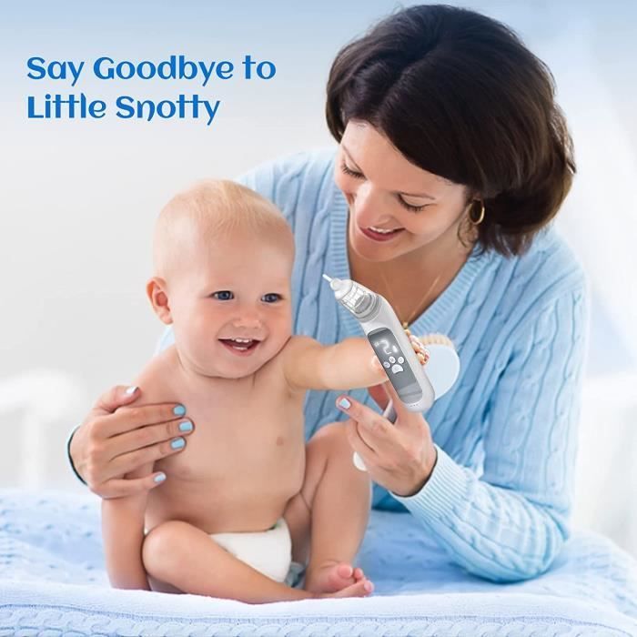 Elektrische neusaspirator voor baby's, neusaspirator met 3 zuigstanden, licht, muziek en 3 herbruikbare opzetstukken voor baby's