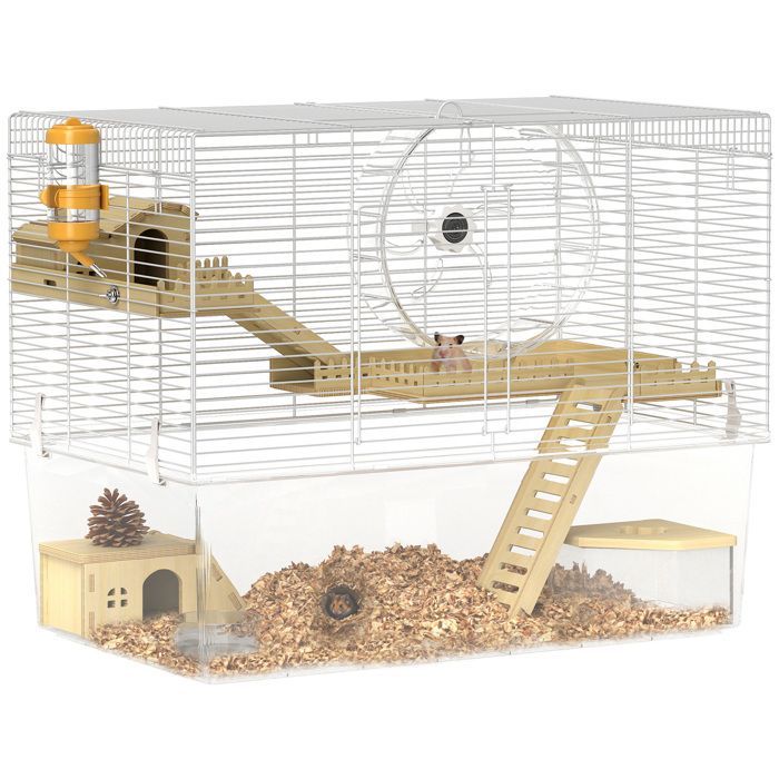 Hamsterkooi - PawHut - 3 verdiepingen - met loopwiel, transparante lade, schuilplaatsen, hellingen - 59 x 35,5 x 47 cm - wit