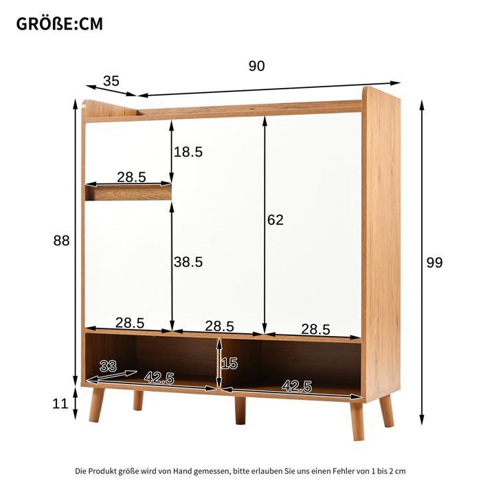 Cómoda/aparador/zapatero blanco y de madera, 90x35x99 cm, con estantes ajustables y patas de madera maciza.