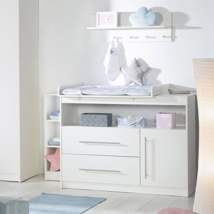 ROBA Maren Changing Table - White - Removable Top - 2 Drawers - 1 Door - Open Compartment